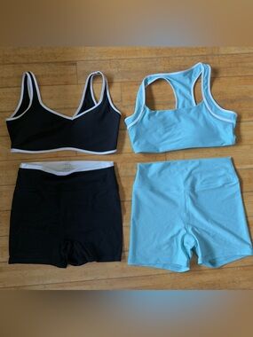 YPB Activewear Sets — Black & Light Blue Sports Bras + Biker Shorts